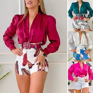 Ternos Femininos Blazers Terno Casual Decote em V Manga Longa Camisa de Cor Sólida Top Shorts Estampados Conjunto de Duas Peças 230628