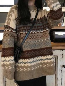 Suéteres femininos Suninbox 2023 Moda Outono Vintage Listrado Jacquard Pulôveres De Malha Soltos Streetwear Chic Jumpers Decote O