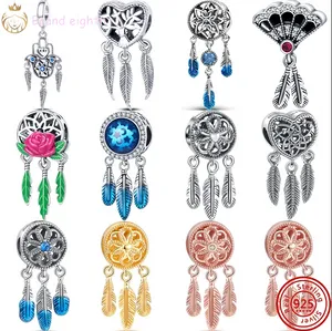 For pandora charms sterling silver beads Bracelet Dreamcatcher 3 Feather Fan Hollow charmes ciondoli