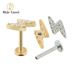 ネーブルベルボタンリング5PCSLOT右グランドASTM 36 CZ Lightning Bolt Top Flat Back Labret Monroe Lip Cartilage Helix Ear Lobe Stud Piercing 230628