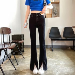 Calça Jeans Feminina Esticada Cintura Alta Fork Fork Wide Leg Flared Jeans Feminino Fashion Repair Calças Denim Arrastadas