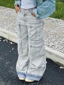 Jeans feminino Y2K bolsos envelhecidos streetwear folgado cintura alta jeans cargo calças femininas harajuku vintage solto mãe
