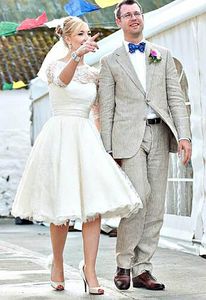 2023 Vintage korta bröllopsklänningar spets skopa halsringning båge a-linje 3/4 långärmad te-längd brudklänningar skräddarsydd