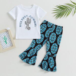 Pajamas Listenwind 6M 4Y Kid Girls Pants Set Short Sleeve Crew Neck Letters Cactus Print T shirt with Flower Flare Summer Outfit 230628