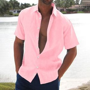 Erkek gömlekler moda 2023 yaz pamuk keten erkekler için rahat kısa kollu bluzlar katı yatak açma yaka sokak erkek giyim 230628