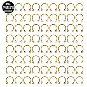 Anéis de botão de sino de umbigo Atacado 100Pcs Piercing de nariz de aço Brincos Tragus Banhado a ouro Narina Hoop Septum Piercings Corpo Jóias 16G 230628