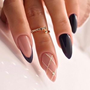 False Nails 24Pcs French Detachable Press On Almond Shaped Nail Tips Sparkling Stripes Designs Wearable Oval Fake