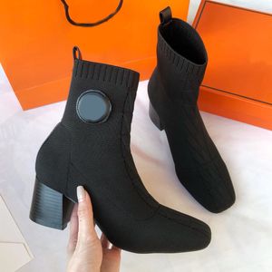 Designer-Stiefel, Wollsocken, Stiefel, Damenstiefel, elastische Strickwolle, High Heels, quadratische Spitze, Größe 35–40, Absatzhöhe 6,5 cm, mit Box