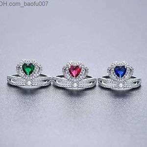 Band Rings Princess Crown Rings Micro Pave AAA Cubic Zirconia Prong Set Colored Hearted Stone For Women Wedding Engagement Party Justerbara ringsmycken Z230629