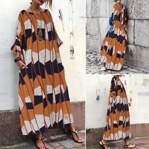 Casual Dresses Vintage Cotton And Linen Loose Boho For Women Geometric Print 3/4 Sleeve Oversized Long Dress Summer Tunic