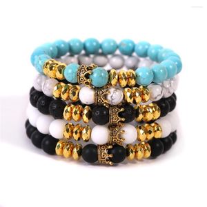 Charm Bracelets 6pcs Natural Stone Crown Bracelet 8mm Beads Blue Turquoises Matte Black Lava Rock Amulet Meditation For Jewelry Making Free