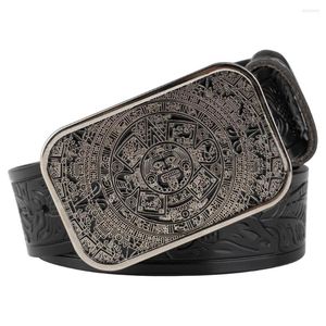 Belts Aztec Calendar Alloy Buckle Eembossed Leather Belt Leisure Fashion