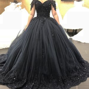 Gothic Black Tulle Wedding Dresses Lace Appliques Beaded Long Plus Size Bridal Ball Gown Vestido De Novia Off The Shoulder Floor Length Princess Vintage Bride Wear