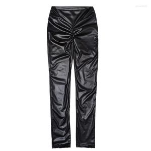 Active Pants Yoga Woman Sport Printing Imitation Leather Carry Button High Elastic Loose Fance Wide Leg bekvämt