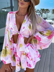 Kvinnors spårdräkter kvinnor Boho Summer Floral Print V Neck Chiffon Topps Shorts 2 Pieces Set Ladies Lantern Sleeve Suits Holiday Beach