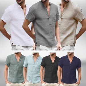 Camisas sociais masculinas de linho de algodão casuais para homens básicas clássicas camisa branca masculina manga curta gola alta respirável 230628