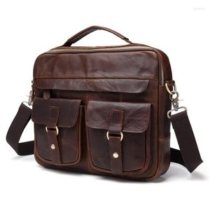 Bortkyror Vintage Crazy Horse Leather Men Messenger Bag Portfölj Business Computer Handbag Man äkta axel