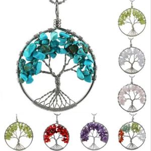 Natural Crystal Quartz Amethyst Opalite Rock Citrine Rose Turquoise Stone Red Agate Tree of Life Chakra Pendant Necklace