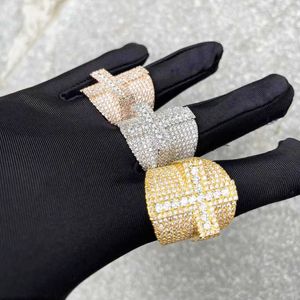 Cluster Rings Bubble Letter Cross Ring for Men Iced Out Real Gold Plated Bling Fashion Rapper Hip Hop Jewelry Dropshipping Best Selling 230620