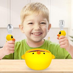 Dinnerware Sets Cute Duck Stainless Steel Cartoon Pattern Baby Spoon And Fork Set Non Slip Training Utensil With Handle For Birthday Nursery