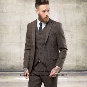 Ternos masculinos blazers espinha de peixe tweed masculino fino lã casamento noivo 3 peças jaqueta colete calça conjunto formal negócios blazer traje masculino H