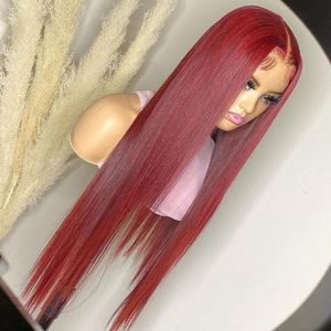 26 tum 150%densitet Silkeslen Straight Wine Red 99J Soft Bourgogne Glueless Spets Front Wig For Women With Baby Hair Heat Ressistant