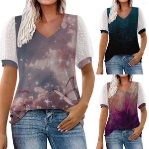 Kvinnors T -skjortor Floral Tryckt nät Fluffy Short Sleeved Bubble V långärmad tee för kvinnor
