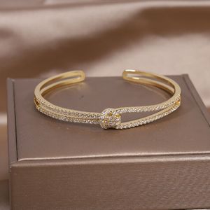 Bangle 14k Real Gold Plating Exquipite AAA luksusowy pełny cyrkon węzeł bransoletka elegancka damska przyjęcie weselne otwierające 0627