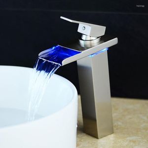 Bathroom Sink Faucets Brushed Nickel LED Tall Faucet Vessel Waterfall One Handle/hole Deck Mounted