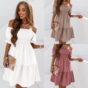 Повседневные платья Femme Summer Solid Color Womens Elegant Square Neck Short Sleeve Off Shoulder Mini Dress Discount Vestidos Para Mujer