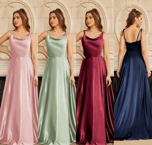 BabyOnline Simple Soft Sliky Satin Bridesmaid Dresses Spaghetti Neck Ben Leg Slitt och Flowing A-Line Maxi Evening Prom Gowns CPS3025