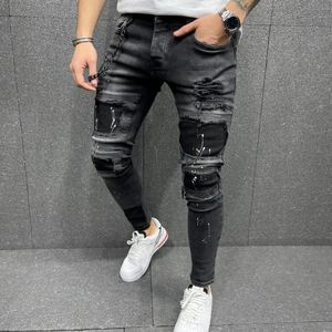 Erkek kot dört mevsim ince kalem pantolon kenar sprey boya baskısı moda moda gündelik denim erkekler 230629