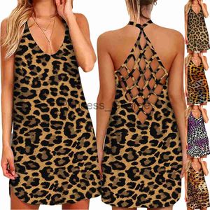 Abiti da festa Estate Abiti leopardati stampati 3D per le donne Sexy Scava fuori Abito senza maniche con bretelle aperte sul retro Abiti da donna allentati senza schienale x0629