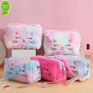 Borsa portaoggetti cosmetica per gatti in pelliccia Borsa per trucchi per ragazza in peluche da donna varia Custodia da viaggio per trucco da toilette portatile da viaggio