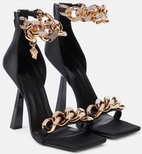 Sommer Damen Sandalen Lack Leder Satin High Heels Kristall dekorative Kette quadratische Zehen elegante Brautshow Sexy einzigartiger Charme Hochzeitsschuhe EU35-41