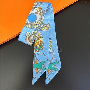 Scarves Silk Scarf Women Spacecraft Print Bag Skinny Wraps Wrist Towel Foulards Neckerchief Headband Muslim Hijabs 5x95CM