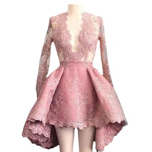 Kort Hilo Pink Homecoming klänning Långärmar Illusion Lace Deep V Neck Formal Party Glows Graduation Dress