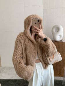 100% Fur Coat Women Korean Fashion Winter Natural Rabbit Hair Hand-Woven Hooded Jacket Female Lazy Loose Short White Ropa