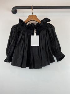 Women's Blouses Black One-line Shoulder Coat Silk Fabric Fringed Hem Cuff Neckline Elastic Design