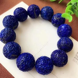 Strand Genuine Natural Blue Royal Lapis Lazuli Stone Craved 20mm Round Big Beads Women Men Stretch Bracelet Certificate