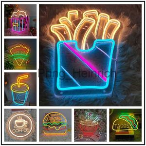 Altre decorazioni per la casa Patatine fritte Hot Dog Hamburger a forma di insegna al neon Cibo Luce al neon per la casa Lampada da notte per ristorante Bar Birra Finestra Negozio Decorazione della stanza J230629