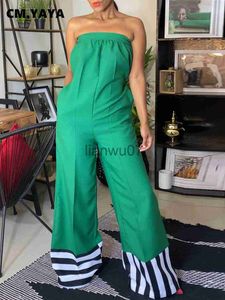 Kvinnors jumpsuits rompers cmyaya street kvinnor randiga lapptäcke stropplösa breda ben rak mode jumpsuit 2023 ins play -dräkt en bit kostym romper j230629