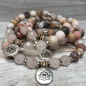 Strand WMB31473 Mattrosa Opal Facettiertes Rosenquarz-Handgelenk-Mala mit Lotus-Anhänger, Heilkristall, spirituelles Armband