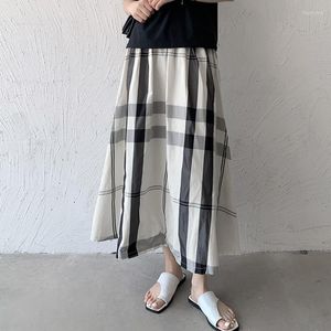 Röcke Casual Lange Für Frauen Sommer 2023 Elastische Taille Kontrast Farbe Plaid Maxi Rock Koreanischen Stil Lose Fit Weibliche Kleidung