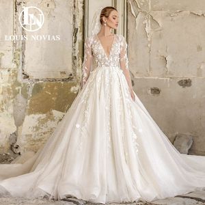 Ball Gown Wedding Dress 2023 Semi-Transparent Deep V-Neck 3D-Floral Appliques Beading Lace Dress for Bride Royal Train Vestidos De Novia