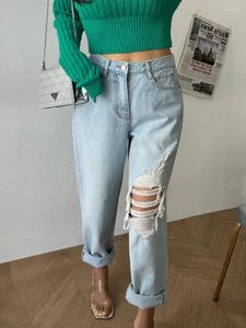 Женские джинсы, винтажные рваные женские летние дырчатые джинсовые брюки с кисточками, светло-голубые брюки, женские широкие брюки с высокой талией, прямые