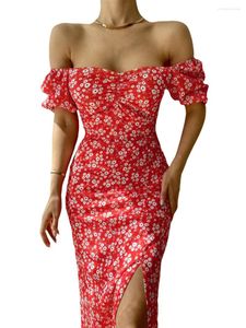 Casual Dresses Fabumily Women S Boho Floral Print Summer Dress Off Shoulder Split A Line Vintage Ruched Long