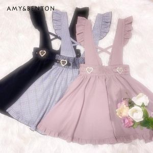 Gonne Love Shoulder Strap Cute Sweet Skirt Ladies Elegant Fashion Casual Short Autumn Spring Women's Black Kawaii