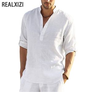 Erkek Gömlekler Casual Gömlek V Yaka Kazak Pamuk Keten Bluz Gevşek Moda Uzun Kollu İlkbahar Yaz Marka Streetwear 230628 Tops