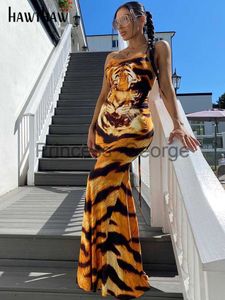 パーティードレスホーソー女性タイガープリントボディコンノースリーブパーティークラブイブニングロングドレス2022夏の服卸売アイテムビジネスX0629